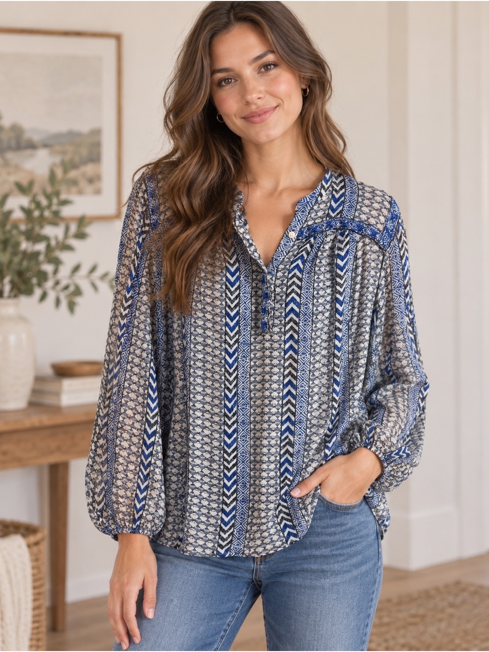 Lucky Brand Blue Geometric Boho Peasant Blouse Size 2X Long Sleeve Relaxed Artsy